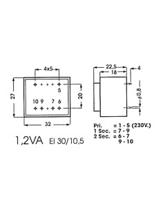 TRANSFORMATEUR MOULE  1.2VA  2 x 15V / 2 x 0.040A