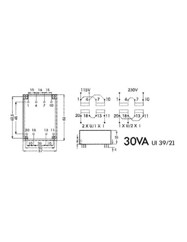 TRANSFORMADOR EXTRAPLANO 30VA 2 x 18V / 2 x 0.833A