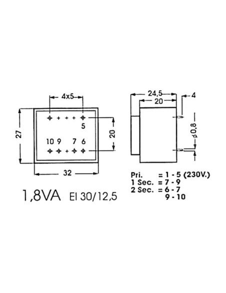 INGEGOTEN TRANSFORMATOR 1.8VA 2 x 24V / 2 x 0.038A