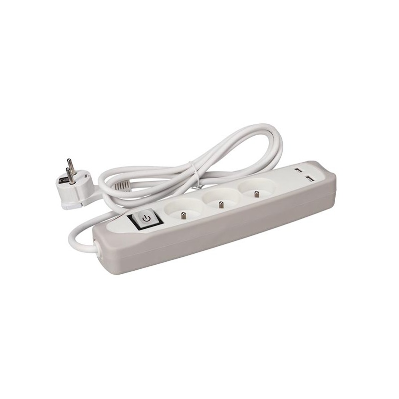 3-WAY SOCKET OUTLET WITH SWITCH - 2 USB PORTS - GREY/WHITE - PIN EARTH