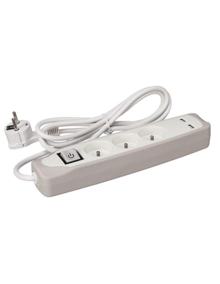 BLOC MULTIPRISE AVEC INTERRUPTEUR - 3 PRISES - 2 PORTS USB - GRIS/BLANC - TERRE FRANÇAISE