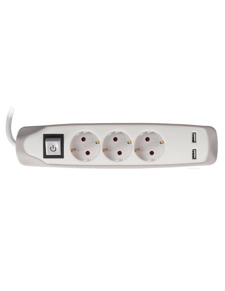 BLOC MULTIPRISE AVEC INTERRUPTEUR - 3 PRISES - 2 PORTS USB - GRIS/BLANC - TERRE FRANÇAISE