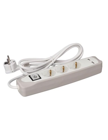 3-WAY SOCKET OUTLET WITH SWITCH - 2 USB PORTS - GREY/WHITE - SCHUKO