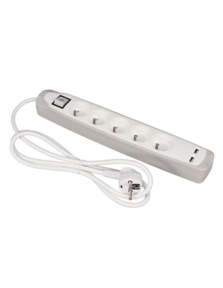 5-WAY SOCKET OUTLET WITH SWITCH - 2 USB PORTS - GREY/WHITE - PIN EARTH