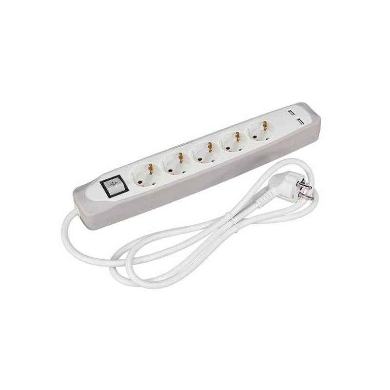 5-WAY SOCKET OUTLET WITH SWITCH - 2 USB PORTS - GREY/WHITE - SCHUKO