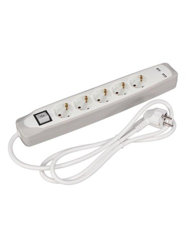 BASE MÚLTIPLE CON INTERRUPTOR - 5 TOMAS - 2 PUERTOS USB - COLOR GRIS/BLANCO - SCHUKO