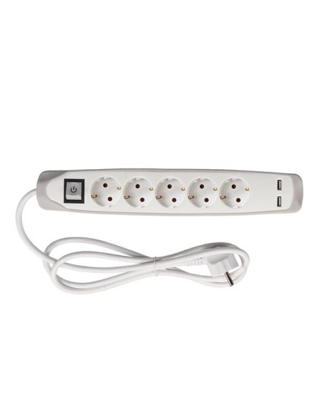 BLOC MULTIPRISE AVEC INTERRUPTEUR - 5 PRISES - 2 PORTS USB - GRIS/BLANC - SCHUKO