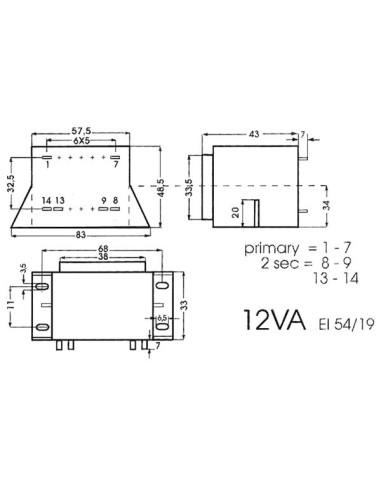 TRANSFORMADOR CON CHAPA 12VA 2 x 24V / 2 x 0.250A