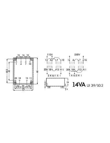 TRANSFORMADOR EXTRAPLANO 14VA 2 x 24V / 2 x 0.292A