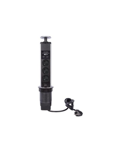 3-WAY POP-UP DESKTOP SOCKET WITH 2 x USB - PIN EARTH