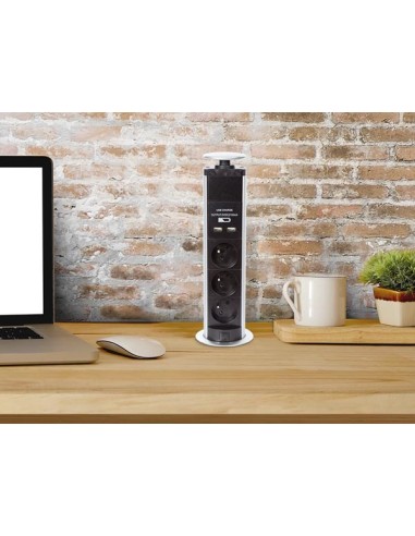 BLOC ESCAMOTABLE À 3 PRISES - 2 x USB - TERRE...