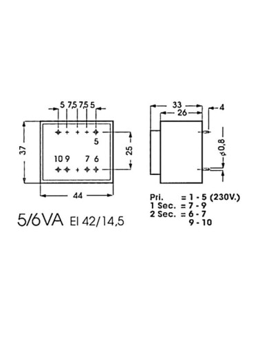 TRANSFORMADOR ENCAPSULADO 5VA 1 x 6V / 1 x 0.833A