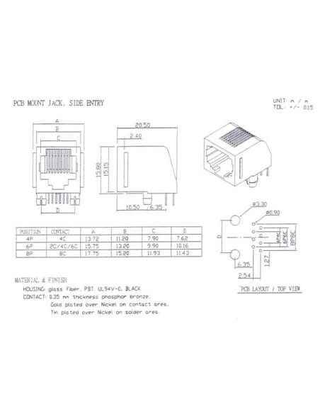 RJ12 WESTERN-MODULAR-ADAPTER 6P4C FÜR PCB, GEWINKELT
