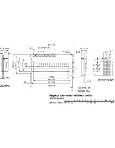 LCD 16 x 1 BOTTOM VIEW TRANSFLECTIEF MET ACHTERGRONDVERLICHTING