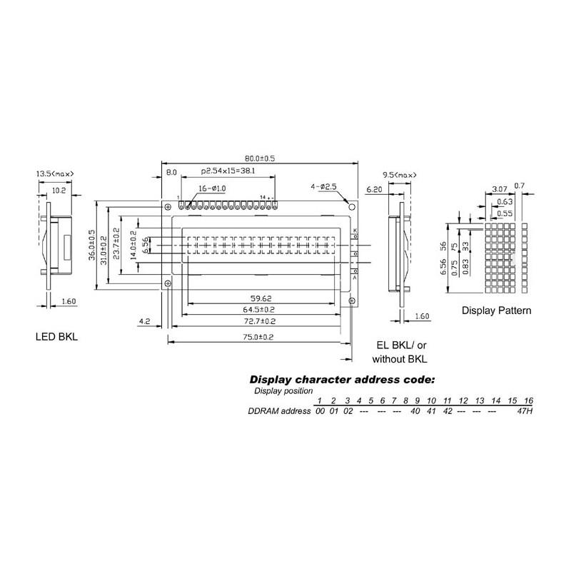 LCD 16X1 UNTENANSICHT TRANSFLEKTIV MIT HINTERGRUNDBELEUCHTUNG