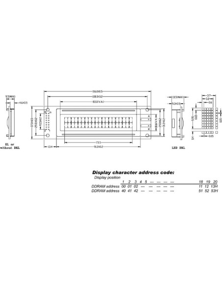 LCD 20 x 2 BOTTOM VIEW TRANSFLECTIEF MET GELE ACHTERGRONDVERLICHTING