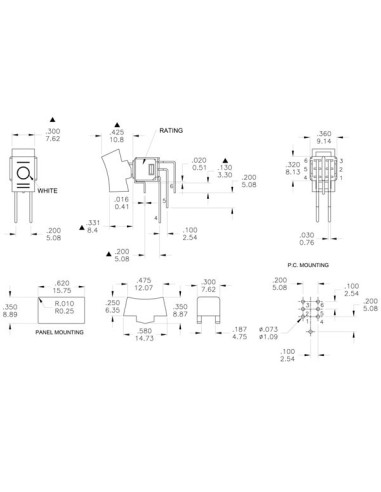 HAAKSE VERTICALE ROCKERSCHAKELAAR VOOR PCB DPDT (ON)-OFF-(ON)