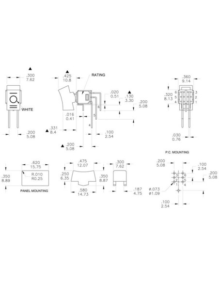 WIPPENSCHALTER - VERTIKAL DPDT (EIN)-AUS-(EIN) - ABGEWINKELT