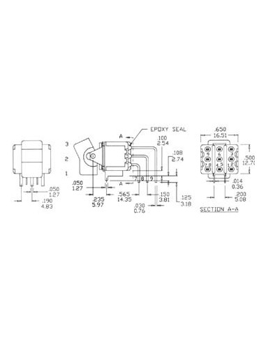 HAAKSE VERTICALE ROCKERSCHAKELAAR VOOR PCB 3PDT...