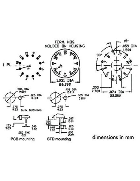 COMMUTATEUR ROTATIF 1 CIRCUIT / 12 POSITIONS - COSSES A SOUDER