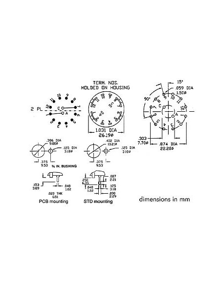COMMUTATEUR ROTATIF 2 CIRCUITS / 6 POSITIONS - COSSES A SOUDER