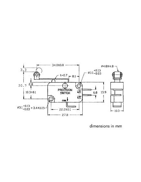 MICRORUPTEUR 12A, LONG LEVIER DE COMMANDE AVEC ROULETTE