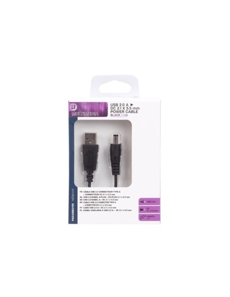 CÂBLE USB 2.0 CONNECTEUR MÂLE TYPE A VERS CONNECTEUR CC MÂLE - 2.1 x 5.5 mm - NOIR- 1 m