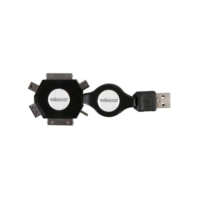 6-IN-1 USB 2.0 RETRACTABLE CHARGING CABLE - MALE/MALE - BLACK - 53 cm