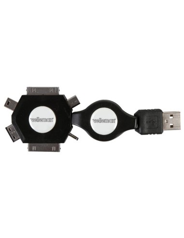 CABLE DE CARGA USB 2.0 RETRÁCTIL - 6 EN 1 - MACHO/MACHO - COLOR NEGRO - 53cm