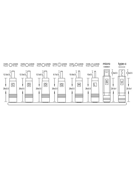 SET MET 8 UNIVERSELE DC PLUGGEN voor MANNELIJKE PLUG 2.1 x 5.5 mm