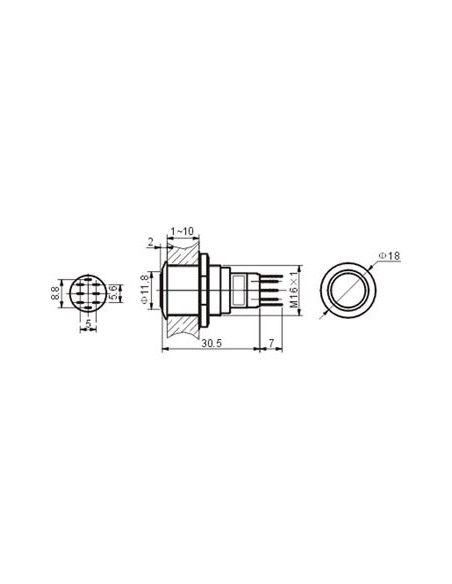 BOUTON-POUSSOIR MÉTALLIQUE ROND SPDT 1NO 1NC - ANNEAU ROUGE