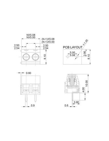 BORNIER PROFESSIONNEL, PROFIL BAS, 2 PÔLES, VERT, AU PAS DE 5mm