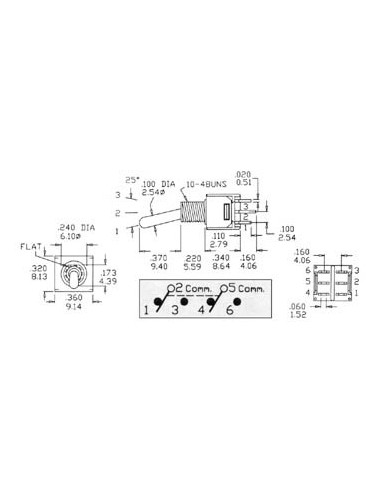 VERTICAL SUBMINIATURE TOGGLE SWITCH DPDT ON-OFF-ON