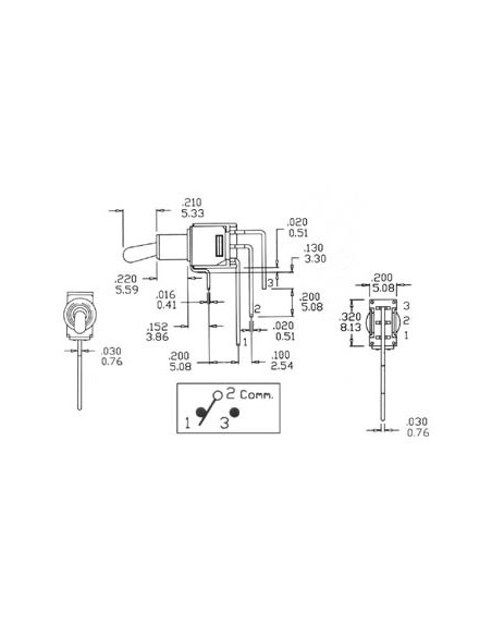90° VERTICAL SUBMINIATURE TOGGLE SWITCH SPDT ON-ON