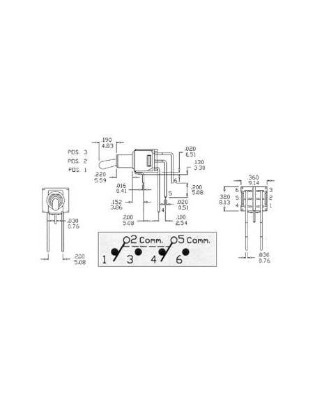 90° VERTICAL SUBMINIATURE TOGGLE SWITCH DPDT ON-ON - NO THREAD