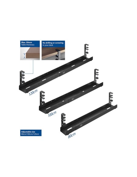 Under desk extendable cable management tray with clamp mount
