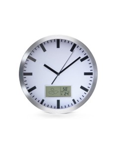 ALUMINIUM WANDKLOK MET LCD-DISPLAY EN THERMOMETER,...