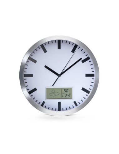 ALUMINIUM LCD WALL CLOCK WITH THERMOMETER, HYGROMETER & FORECAST - Ø 25 cm