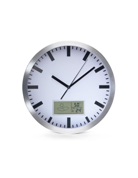 HORLOGE MURALE  EN ALUMINIUM AVEC ÉCRAN LCD ET THERMOMÈTRE, HYGROMÈTRE & PRÉVISIONS MÉTÉO - Ø 25 cm