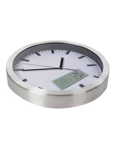 HORLOGE MURALE  EN ALUMINIUM AVEC ÉCRAN LCD ET THERMOMÈTRE, HYGROMÈTRE & PRÉVISIONS MÉTÉO - Ø 25 cm
