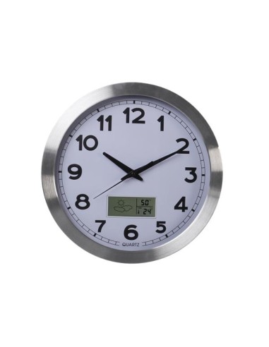 HORLOGE MURALE  EN ALUMINIUM AVEC ÉCRAN LCD ET THERMOMÈTRE, HYGROMÈTRE & PRÉVISIONS MÉTÉO - Ø 35 cm