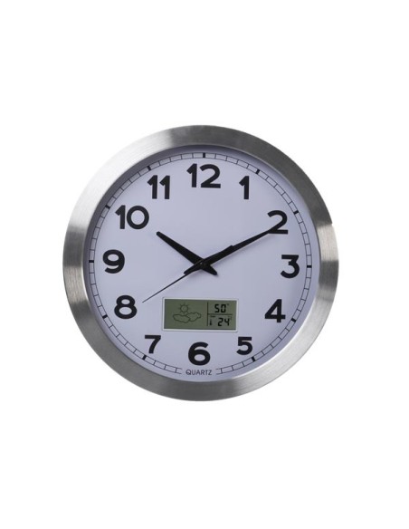 ALUMINIUM WANDKLOK MET LCD-DISPLAY EN THERMOMETER, HYGROMETER & WEERSVOORSPELLING - Ø 35 cm