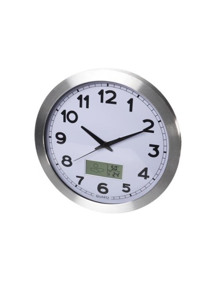 ALUMINIUM WANDKLOK MET LCD-DISPLAY EN THERMOMETER, HYGROMETER & WEERSVOORSPELLING - Ø 35 cm