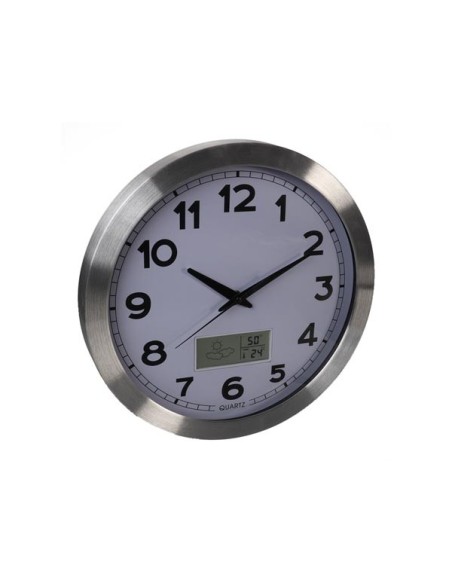ALUMINIUM WANDKLOK MET LCD-DISPLAY EN THERMOMETER, HYGROMETER & WEERSVOORSPELLING - Ø 35 cm