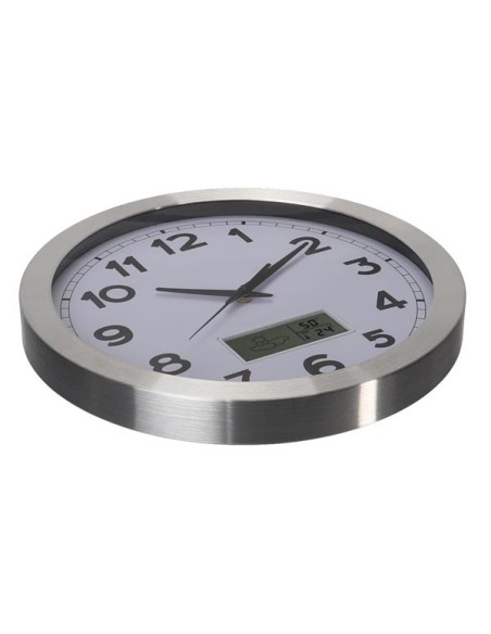 ALUMINIUM WANDKLOK MET LCD-DISPLAY EN THERMOMETER, HYGROMETER & WEERSVOORSPELLING - Ø 35 cm