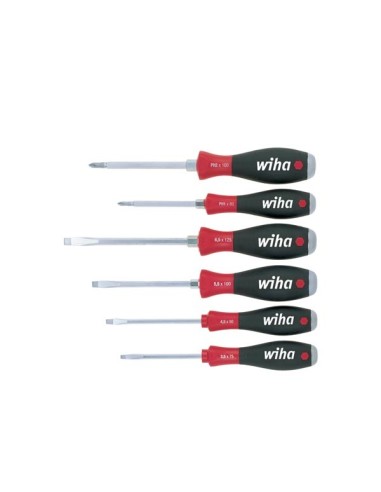 Wiha Juego de destornilladores SoftFinish® ranurados, Phillips, de 6 unid., con varilla hexagonal continua y plancha de acero ma