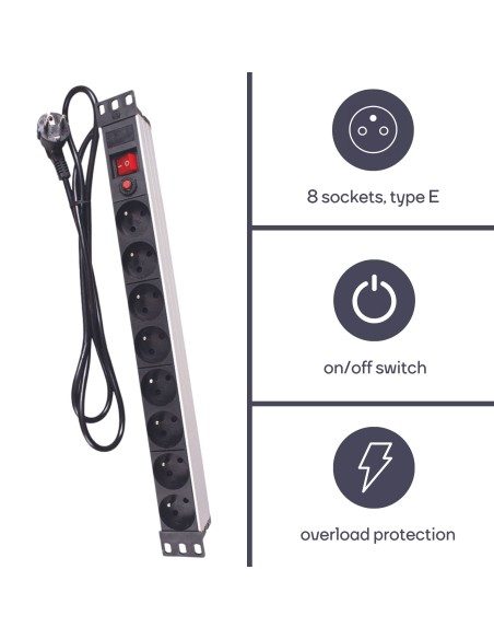 8-FACH-STECKDOSENLEISTE - STECKER-TYP E (FRANZÖSISCHES SYSTEM) - FÜR 19"-RACK