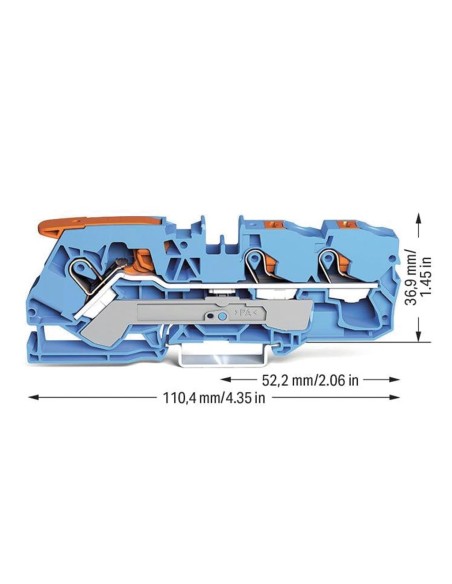 3-conductor through terminal block with lever and push-button 10 mm², blue