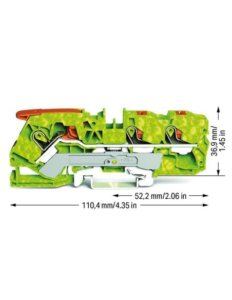 3-conductor ground terminal block with lever and push-button, green-yellow