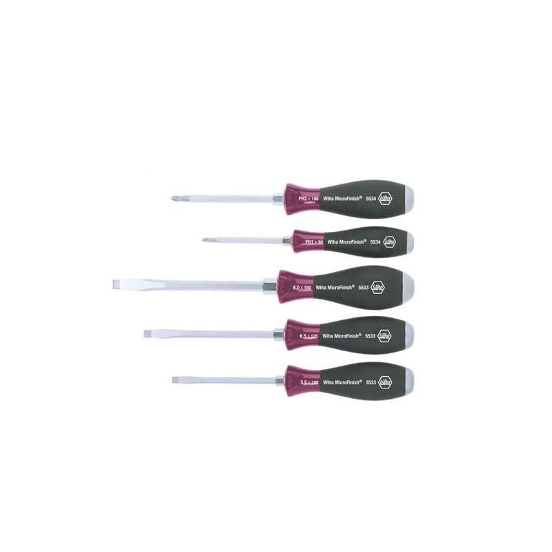 Wiha Screwdriver set MicroFinish® Slotted, Phillips with one-piece hexagonal blade and solid steel cap, 5-pcs. (29138)
